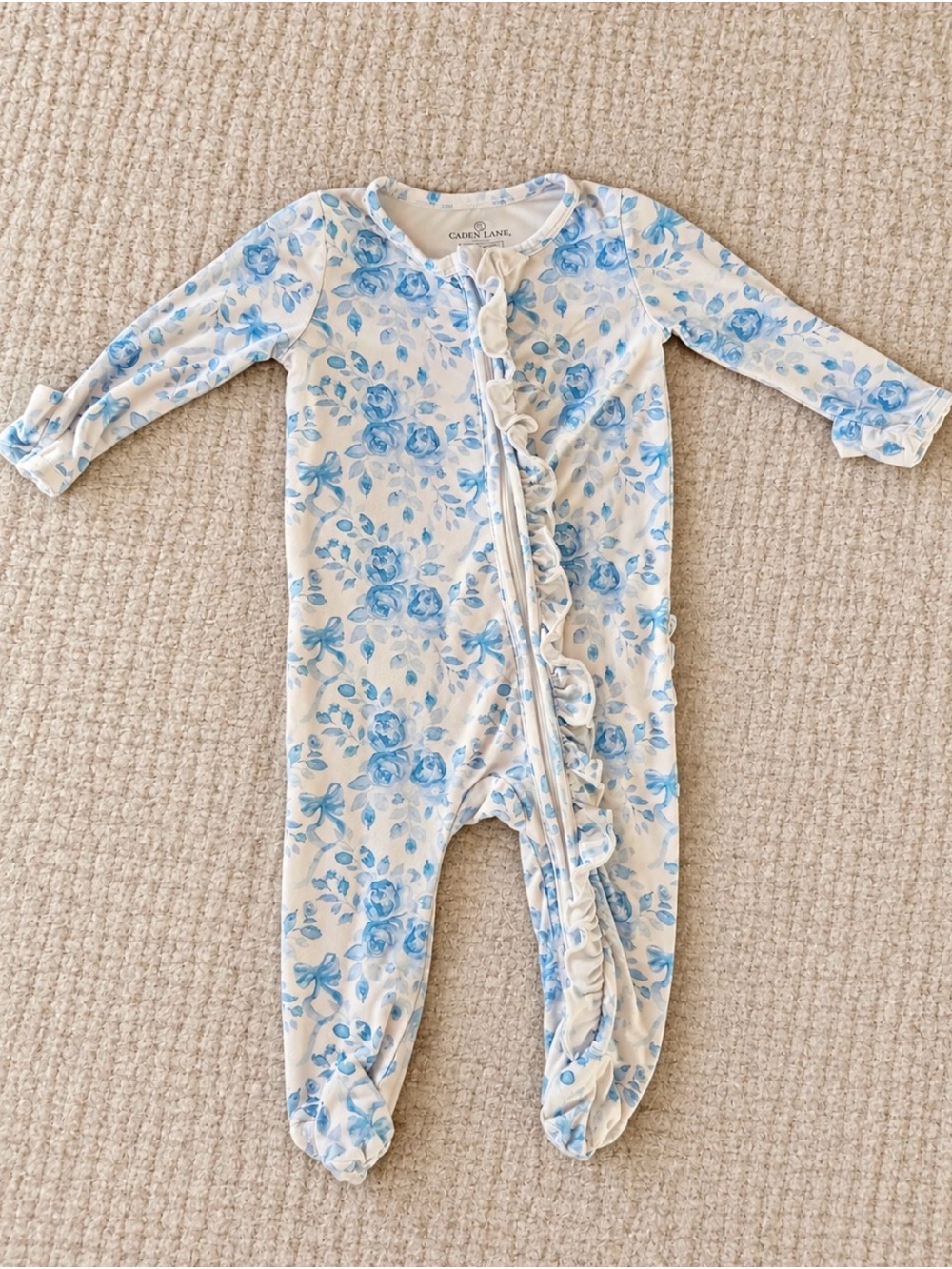 Caden Lane Blue Floral Bamboo Ruffle Footie Sleeper 3-6M
